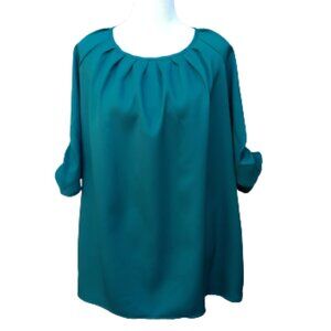 Aceshion Teal Green Blouse 3/4 Sleeves NWT Pleats Solid Workwear Office